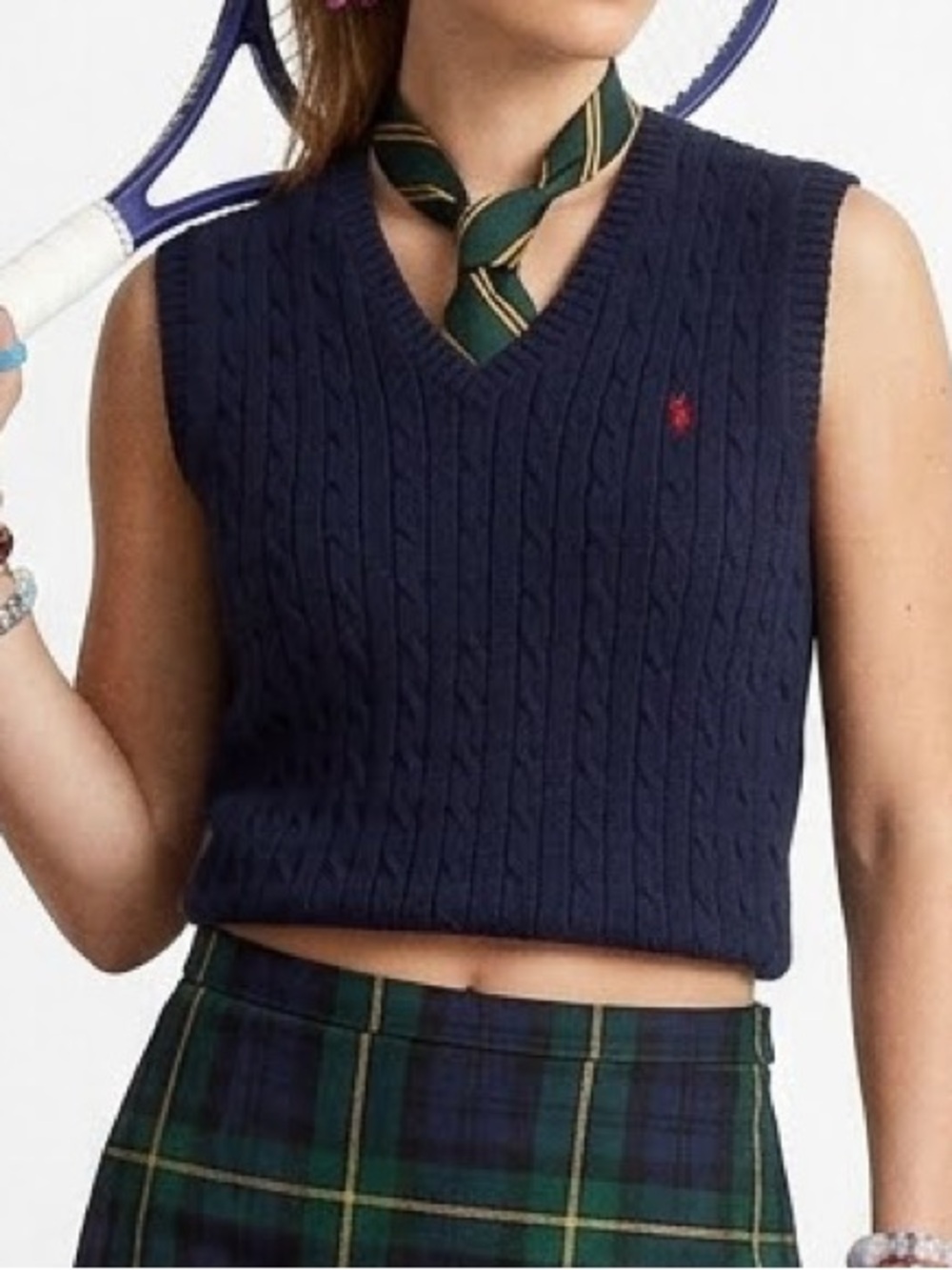 Vintage Polo Ralph Lauren Fisherman Cable Knit Navy Sweater Vest L V Neck Preppy